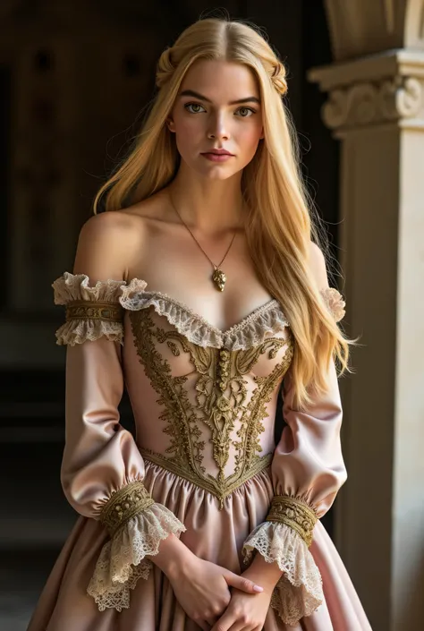 (RAW Photo, Best Quality), (Realistic, Photo Realistic: 1.3), Best Quality, Highly Detailed, Masterpiece, Hyperdetail, Realistic photo shot, realistic photo of a whore , makeup, , blonde hair , (( satin cotton fantasy laced maxi dress inspired by Mi...
