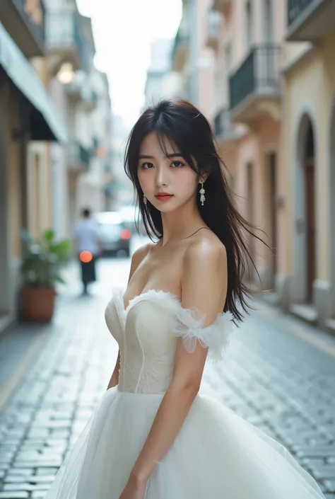 a young japanese woman wearing a beautiful white off-shoulder lace wedding dress with corset details. She is (standing) on a cobblestone street with buildings and cars in the background. The woman is smiling and looking directly at the camera. She has long...