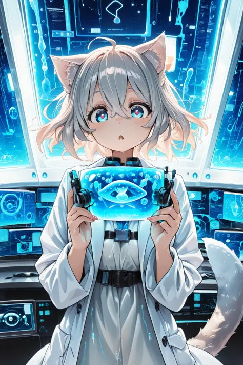 A girl with feline features (cat ears, bright eyes, and a bushy tail), wearing a scientist's lab coat that fits loosely around her lithe body, works in a futuristic laboratory illuminated by blue and white lights. Around her are vials of colored liquids, D...