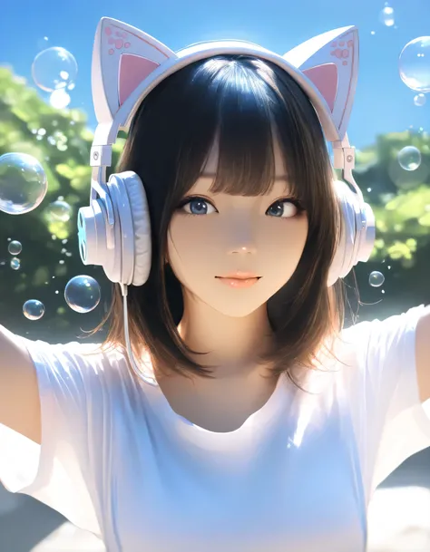 1girl, year 2019, upper body, early summer, bubbles, blue sky, T-shirt, cat ear headphone, masterpiece, high score, great score, absurdres, 16k, Ultra detailed, (photorealistic : 0.5)