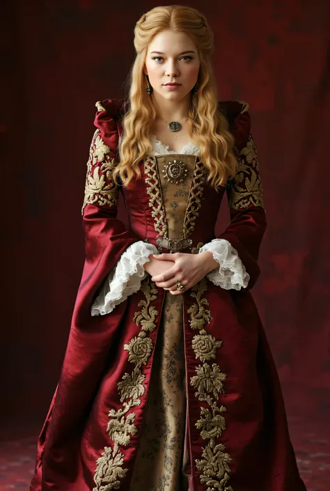  (RAW Photo, Best Quality), (Realistic, Photo Realistic: 1.3), Best Quality, Highly Detailed, Masterpiece, Hyperdetail, Realistic photo shot, realistic photo of a   queen , makeup,  ,  blonde hair , ((  satin cotton fantasy laced maxi dress inspired by Mi...