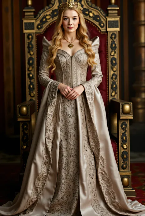 (RAW Photo, Best Quality), (Realistic, Photo Realistic: 1.3), Best Quality, Highly Detailed, Masterpiece, Hyperdetail, Realistic photo shot, realistic photo of a queen , makeup, , blonde hair , (( satin cotton fantasy laced maxi dress inspired by Mi...