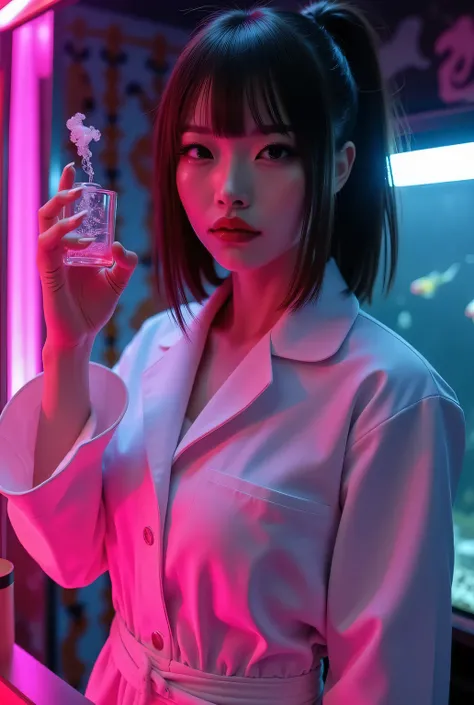 Super beautiful Japanese woman, looks like a intimidating dominatrix, closed mouth, condescending gaze, staring at the viewer, makeup, eyeshadows, eyeliners, long false eyelashes, light red lips, short ponytail.
Scientist, ((white labcoat)), glamorous body...