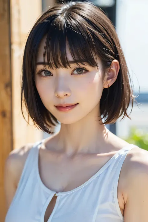 (Supreme Masterpiece、 top quality、super high resolution、 face focus focus 、Focus on the side、Pay attention to the belly button、neckline、Very attractive beauty、add strong highlights to the eyes、look closely at the camera:1.4、Really beautiful bangs:1.short...