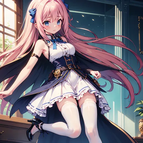 masterpiece, best quality, flugel enchantress girl,sfw sexy, fantasy anime style, She wears a white sleeveless dress, with golden buttons, and accents. The skirt has multiple layers, one frilled, one pleated, and a straight one on top. She wears a capelet,...