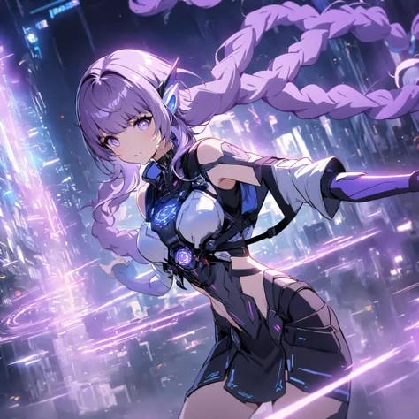 A girl,Gradient purple hair,Double tail,Purple pupils,Blue-purple hue,The background is a blue science fiction scene,Neon,FF15 style, Perfect robot girl,Atmospheric lighting effect