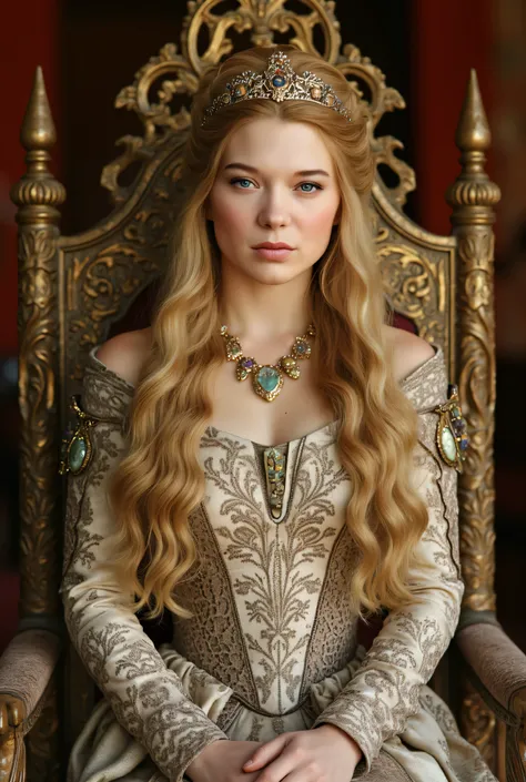   (RAW Photo, Best Quality), (Realistic, Photo Realistic: 1.3), Best Quality, Highly Detailed, Masterpiece, Hyperdetail, Realistic photo shot, realistic photo of a   queen , makeup,  ,  blonde hair , ((  satin cotton fantasy laced maxi gown inspired by Mid...