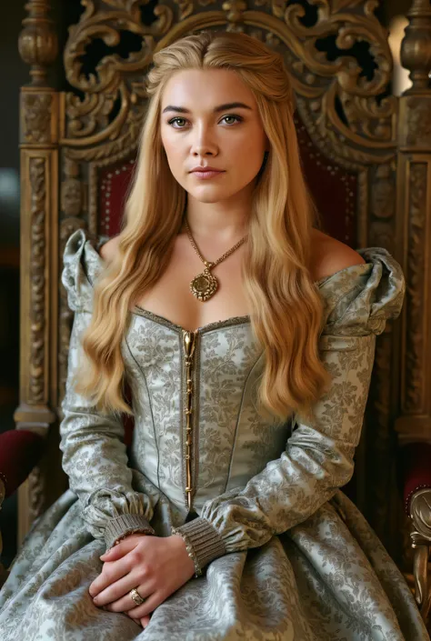 (RAW Photo, Best Quality), (Realistic, Photo Realistic: 1.3), Best Quality, Highly Detailed, Masterpiece, Hyperdetail, Realistic photo shot, realistic photo of a queen , makeup, , blonde hair , (( satin cotton fantasy laced maxi gown inspired by Mid...