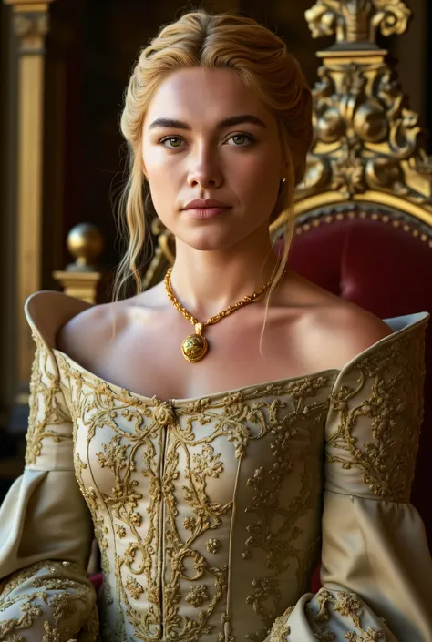 (RAW Photo, Best Quality), (Realistic, Photo Realistic: 1.3), Best Quality, Highly Detailed, Masterpiece, Hyperdetail, Realistic photo shot, realistic photo of a queen , makeup, , blonde hair , (( satin cotton fantasy laced maxi gown inspired by Mid...