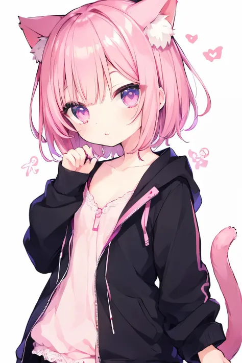 nsfw、 transparent pink short hair、 Pajamas 、 wears color 、Elementary school students 、 small breasts、very beautiful、shining eyes 、Cat ears、(((((small body)))))、hearts❤、
