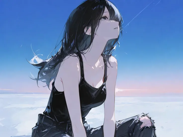 score_9, score_8_top, score_7_top, one young girl, 18 years old, alone, sit with her siluet, seeing sky, energic, long hair, black hair with light pattern, smooth hair, black eyes, beautiful eyes, black tank top, open white shirt, long black ripped jeans, ...