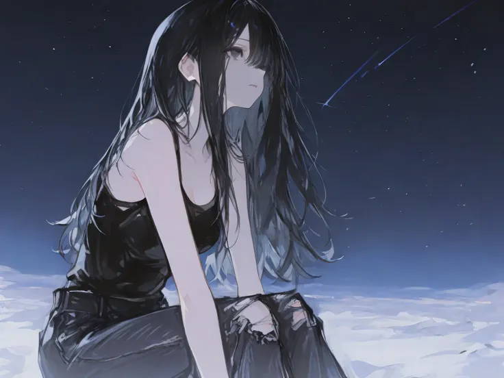score_9, score_8_top, score_7_top, one young girl, 18 years old, alone, sit with her siluet in the night sky, seeing sky, energic, long hair, black hair with light pattern, smooth hair, black eyes, beautiful eyes, black tank top, open white shirt, long bla...