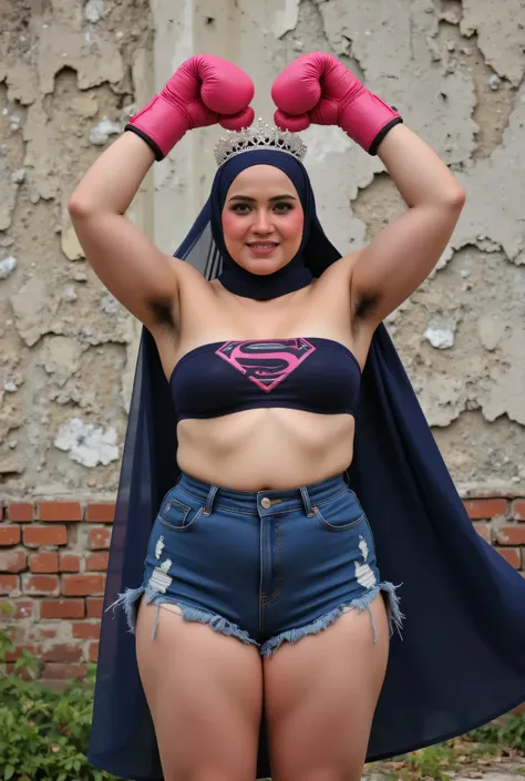 Chubbyfront view, hijab-wearing mother. (Wearings Superman top strapless ). BOTH HANDS RAISED STRAIGHT UP WEARING PINK BOXING GLOVES, hairy Arm pit, too much very short denim micro-shorts unbuttone KELIHATAN Sedikit bulu pussy diatas. BRICK WALL RUINS BACK...