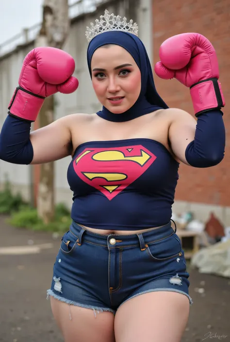 Chubbyfront view, hijab-wearing mother. (Wearings Superman top strapless ). BOTH HANDS RAISED STRAIGHT UP WEARING PINK BOXING GLOVES, hairy Arm pit, too much very short denim micro-shorts unbuttone KELIHATAN Sedikit bulu pussy diatas. BRICK WALL RUINS BACK...