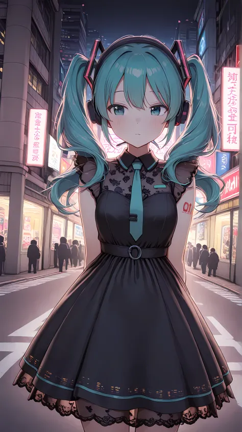 2D graphics Hatsune Miku with long twin tails and original Hatsune Miku's headphones in original Hatsune Miku Dress, looking at the streets of Akihabara on a flyover at Nighttime, Neon Lights, vivid display, futuristic year 3055, 4k UHD Graphics, ultra fin...