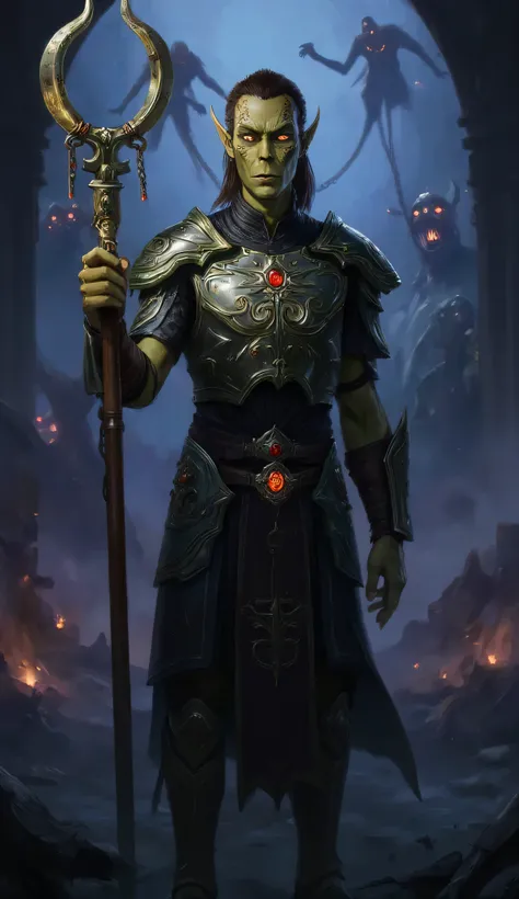 Gith, pointed ears, spots on skin, flat nose, 1male, green skin, brown hair, brown eyes, European facial features, exorcist, standing, dimly lit ancient temple, elongated gaunt facial features with yellow-green skin, sharp cheekbones, glowing eyes, rituali...