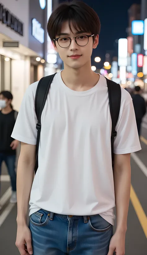 a handsome half-Korean and Japanese 25-year-old man standing in front of the camera, Smiling man, short black hair with waist, Black detailed eyes, kind smile, Sharp eyebrows, round face, nice, detailed faces with ofisu, small nose, full body pose、man wea...