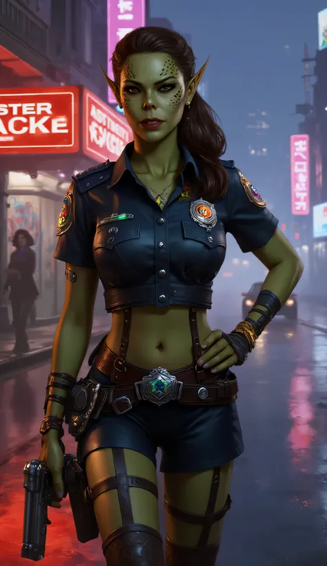 Gith, pointed ears, spots on skin, flat nose, 1female, green skin, brown hair, brown eyes, European facial features, seductive police officer, neon-lit cyberpunk city, sharp facial features, pale green skin, glowing eyes, high cheekbones, police uniform, b...