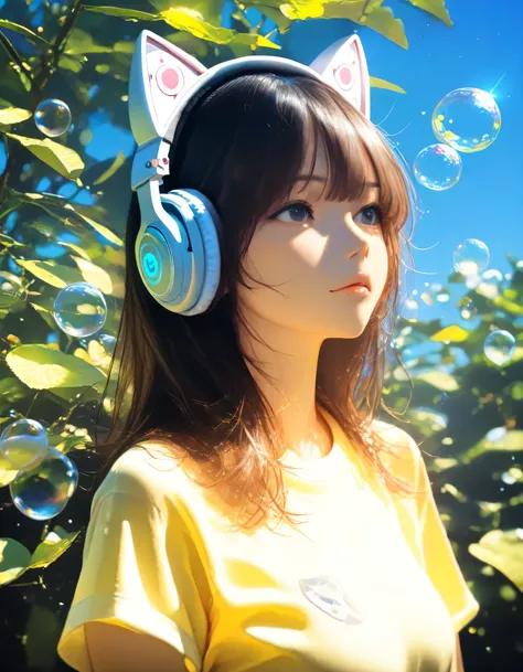 1girl, year 2019, upper body, early summer, bubbles, blue sky, T-shirt, cat ear headphone, masterpiece, high score, great score, absurdres, 16k, Ultra detailed, (photorealistic : 0.5)