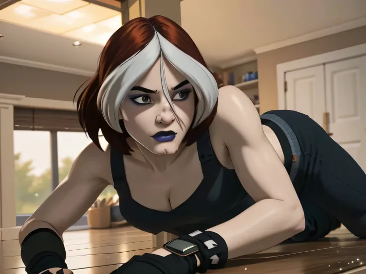 1girl in, 8, Rogue Waifu, photo of perfect woman, Rogue from X-Men, Solo, Aesthetic artwork, (cropped hair, short hair, short brown hair with white bangs), (clear skin, pale skin, large breasts, DD-cup, runners body, very thin waist, skinny, petite, detail...
