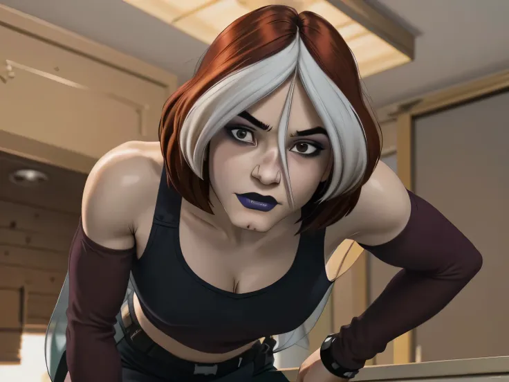 1girl in, 8, Rogue Waifu, photo of perfect woman, Rogue from X-Men, Solo, Aesthetic artwork, (cropped hair, short hair, short brown hair with white bangs), (clear skin, pale skin, large breasts, DD-cup, runners body, very thin waist, skinny, petite, detail...