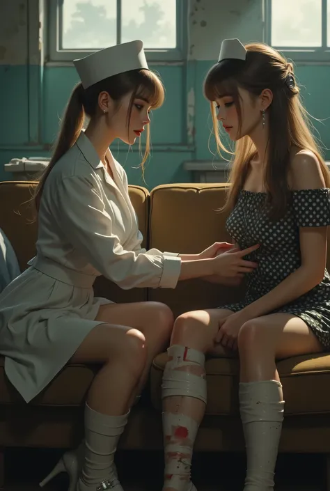 ((1 Female Nurse and 2 Injury and Bandaged People Sitting on a Dirty Couch:1.3)),(( looks at the woman))light effect(バーチャルlight effect:1.5、自然light effect:1.5、light effect:1.5、light effect:1.5、light effect:1.5、自然light effect:1.5、light effect:1.5、light effec...
