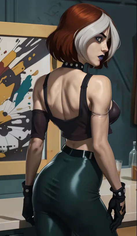 1girl in, 8, Rogue Waifu, photo of perfect woman, Rogue from X-Men, Solo, Aesthetic artwork, (cropped hair, short hair, short brown hair with white bangs), (clear skin, pale skin, medium breasts, DD-cup, runners body, very thin waist, skinny, petite, detai...