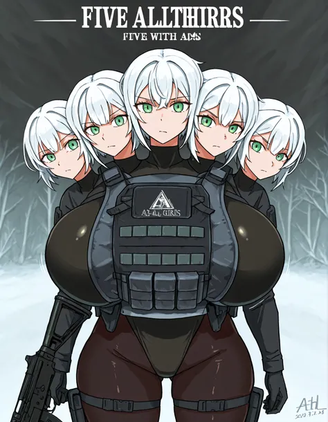 conjoined, 5girls, 5heads, five heads, a tall thin girls with 5heads, white hair, green eyes, short hair, Gigantic breasts, black leotard, black bodysuit, black pantyhose, bulletproof vest, loose black gaiters, black gloves, tactical gear, upper body, fron...