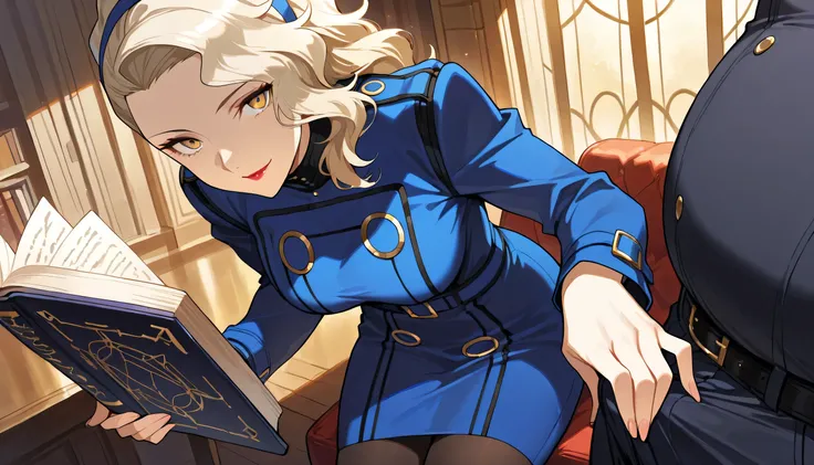 (masterwork, masterpiece, best quality, hyper-detailed :1.1), 
1 girl, 1fat boy,handjob,close up,
p4margaret, yellow eyes, blonde hair, long hair, wavy hair, headband, lipstick, makeup, dress, long dress, pencil dress, blue dress, long sleeves, pantyhose, ...