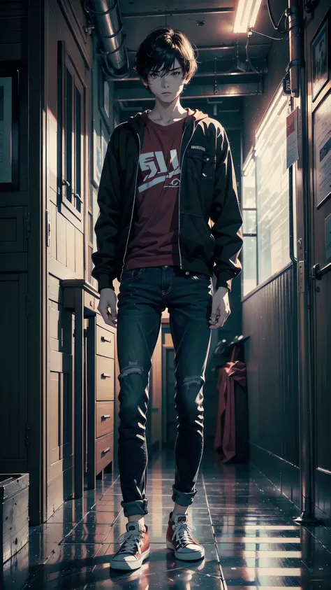 masterpiece, best quality, 1boy, solo, Amamiya Ren, ((red shirt, black jacket and jeans)), ((converse)), ((top quality, ultra-detailed, high resolution, extremely detailed CG, unity 8k wallpaper, Makoto Shinkai style, by famous artist, perfect anatomy, sup...