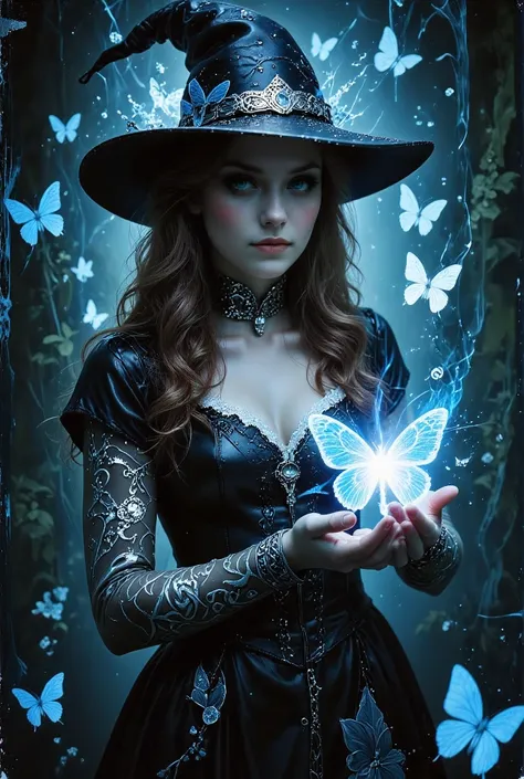 The Magic Witch, beautiful, sexual propaganda, Charming, in the style of painting, her outlines fascinate, she conjures the magical light in her hand, Fantasy style, beautiful butterflies and beautiful high-quality details, fascinating wallpapers, Night, s...