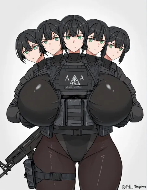 conjoined, 5girls, 5heads, five heads, a tall thin girls with 5heads, black hair, green eyes, short hair, Gigantic breasts, black leotard, black bodysuit, black pantyhose, bulletproof vest, loose black gaiters, black gloves, tactical gear, upper body, fron...