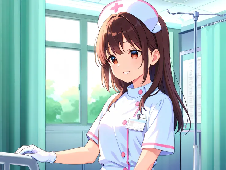 A young anime-style female nurse in a white uniform and nurse cap, standing in a bright hospital nurse station. She has a kind smile and is talking to a patient. Background includes medical monitors, IV stands, chart shelves, and fluorescent lighting. Clea...