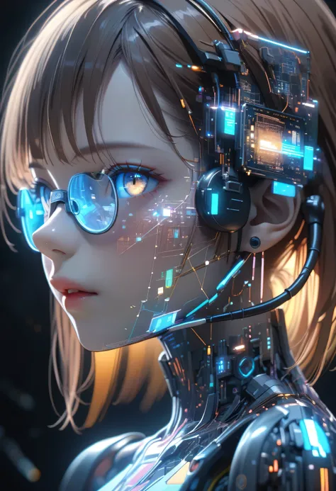 Breathtaking Beauty, Multiple exposures of digital codes and characters, super quality, beautiful animation, 8k, She's shining all over her body, サイボーグの顔のclose-up, from side:1.331, close-up:0.8, wonderful fusion between humans and machines, Super-accurate...