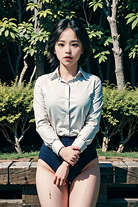 (masterpiece, highest quality), 1 girl, beautiful face, beautiful body,  wearing a Black gymnastics bloomers, High leg、white blouse,    cowboy re standing、full body portrait、alone, complex details, enlarged textures, complex details, finely detailed eyes a...