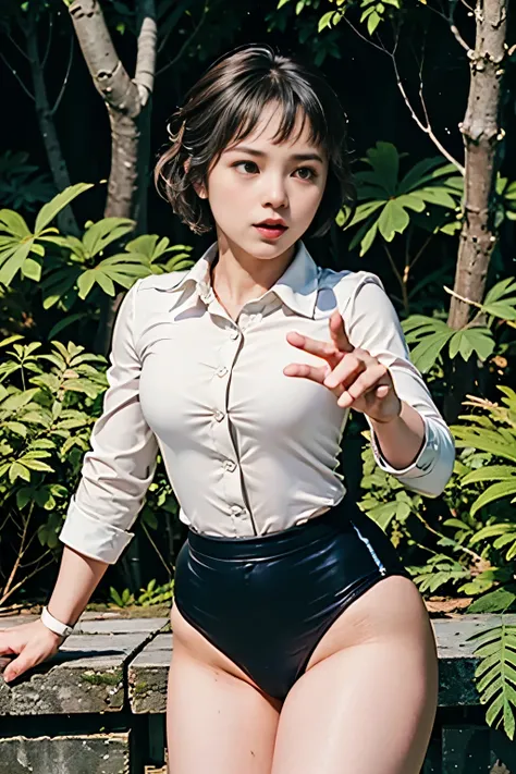 (masterpiece, highest quality), 1 girl, beautiful face, beautiful body,  wearing a Black gymnastics bloomers, High leg、white blouse,    cowboy re standing、full body portrait、alone, complex details, enlarged textures, complex details, finely detailed eyes a...