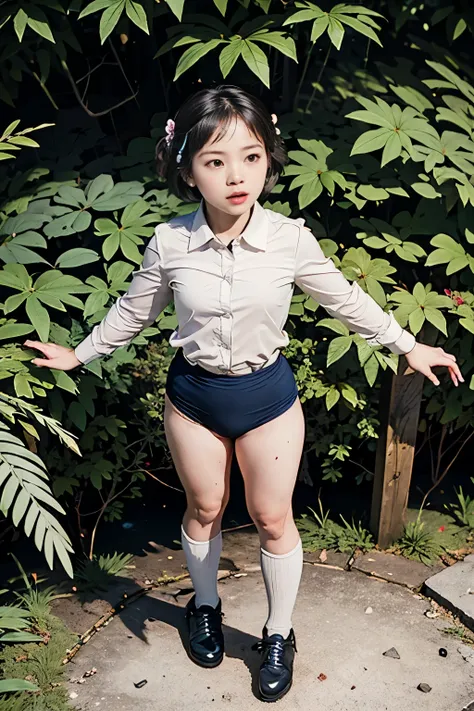 (masterpiece, highest quality), 1 girl, beautiful face, beautiful body,  wearing a Black gymnastics bloomers, High leg、white blouse,    cowboy re standing、full body portrait、alone, complex details, enlarged textures, complex details, finely detailed eyes a...