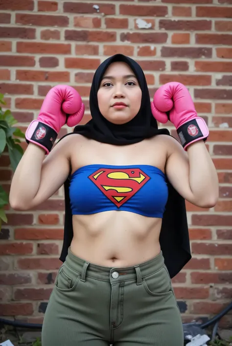 Chubbyfront view, hijab-wearing mother. (Wearings Superman top strapless ). BOTH HANDS RAISED STRAIGHT UP WEARING PINK BOXING GLOVES, hairy Arm pit, too much very short corduroy denim micro-shorts unbuttone KELIHATAN Sedikit bulu pussy diatas. BRICK WALL R...