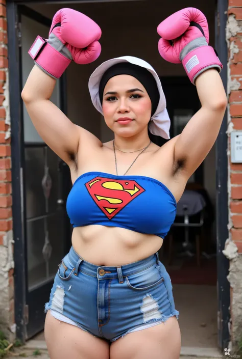 Chubbyfront view, hijab-wearing mother. (Wearings Superman top strapless ). BOTH HANDS RAISED STRAIGHT UP WEARING PINK BOXING GLOVES, hairy Arm pit, too much very short corduroy denim micro-shorts unbuttone KELIHATAN Sedikit bulu pussy diatas. BRICK WALL R...