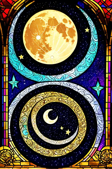 
 Digital painting inspired by。Swirly Full Moon Picture, stained glass art, Sky Filled with Stars and Paisley Patterns, stained glass style, glowing stained glass backdrop, the Moon and Stars, golden twilight stained glass, stained glass, intricate stained...