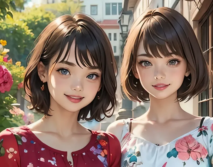 393 ((young woman)),(shorthair),(Neat hair),(floral dress),(Archaic Smile)
