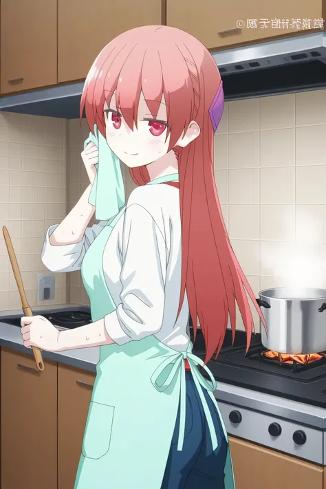 tsukasa yuzaki,was cooking in the kitchen,smiling while wiping sweat,  visible from the side 