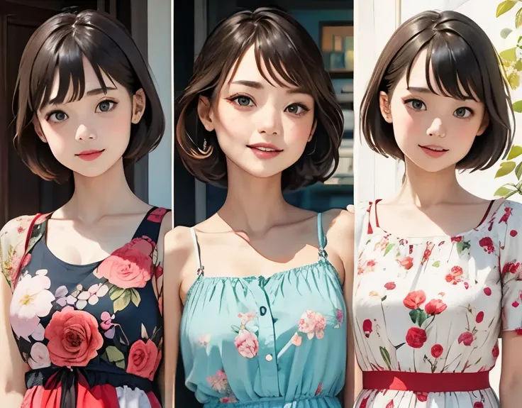 393 ((young woman)),(shorthair),(Neat hair),(floral dress),(Archaic Smile)