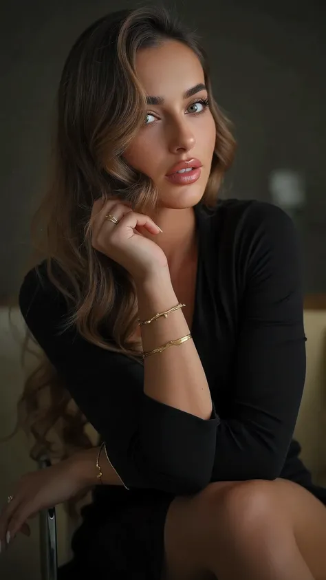 sexy,classy,full body portrait of Izabela Ion,elegant  woman,beautiful face,piercing blue eyes,high cheekbones,glossy dark hair,flawless porcelain skin,confident mature expression,wearing black evening gown,dramatic lighting,cinematic composition,intricate...