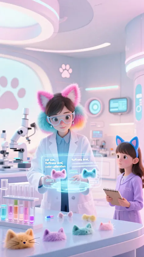 In a bright, soft-colored futuristic laboratory with rounded architecture and pastel lighting,
a young female scientist with colorful fluffy cat ears (pink or pastel blue) is working seriously at a floating holographic interface.
She wears a clean white la...