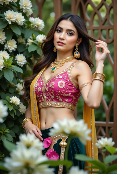 A beautiful Indian woman seated gracefully in an outdoor floral setting, wearing a traditional lehenga-choli ensemble with a richly embroidered magenta blouse, deep green skirt, and mustard-yellow dupatta draped across her shoulder. Her look is enhanced wi...