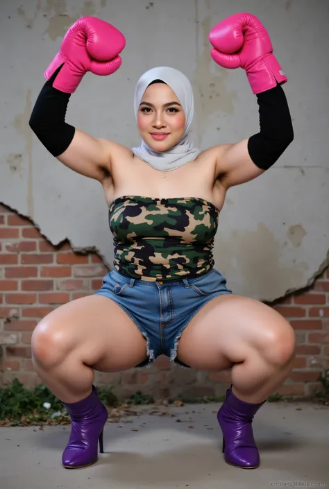 Chubbyfront view, hijab-wearing mother. (Wearings camouflage print top strapless ). BOTH HANDS RAISED STRAIGHT UP WEARING PINK BOXING GLOVES, hairy hairy Arm pit, too much very short corduroy denim micro-shorts unbuttone KELIHATAN Sedikit bulu pussy diatas...