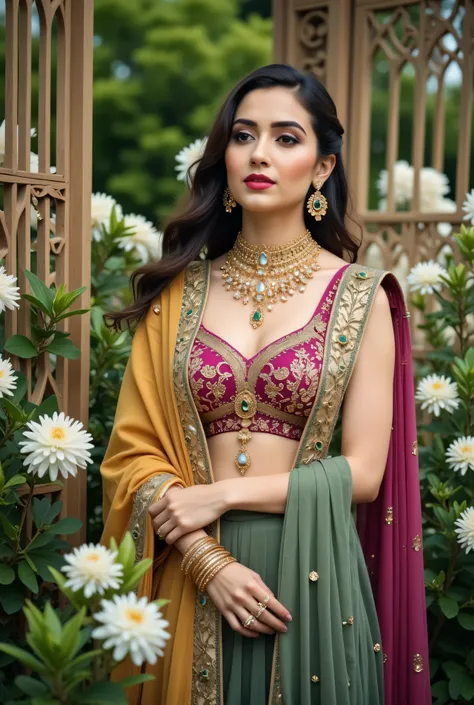 A beautiful Indian woman seated gracefully in an outdoor floral setting, wearing a traditional lehenga-choli ensemble with a richly embroidered magenta blouse, deep green skirt, and mustard-yellow dupatta draped across her shoulder. Her look is enhanced wi...