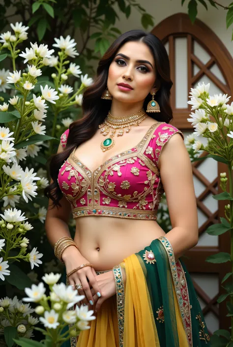 A beautiful Indian woman seated gracefully in an outdoor floral setting, wearing a traditional lehenga-choli ensemble with a richly embroidered magenta blouse, deep green skirt, and mustard-yellow dupatta draped across her shoulder. Her look is enhanced wi...