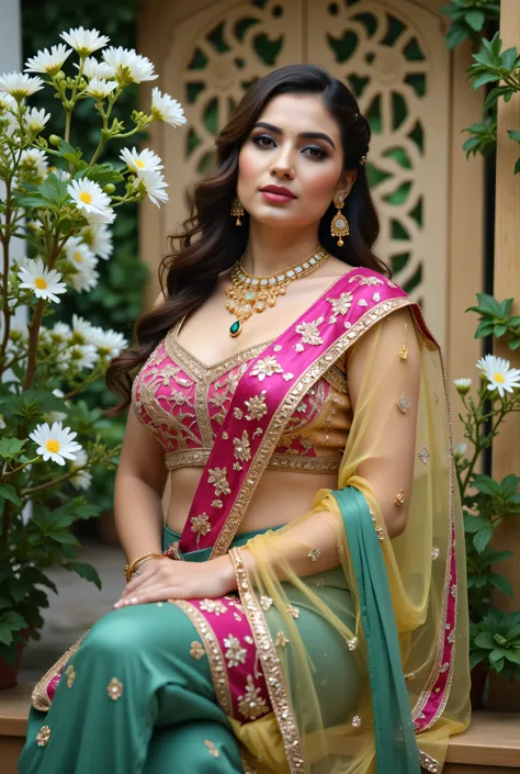 A beautiful Indian woman seated gracefully in an outdoor floral setting, wearing a traditional lehenga-choli ensemble with a richly embroidered magenta blouse, deep green skirt, and mustard-yellow dupatta draped across her shoulder. Her look is enhanced wi...